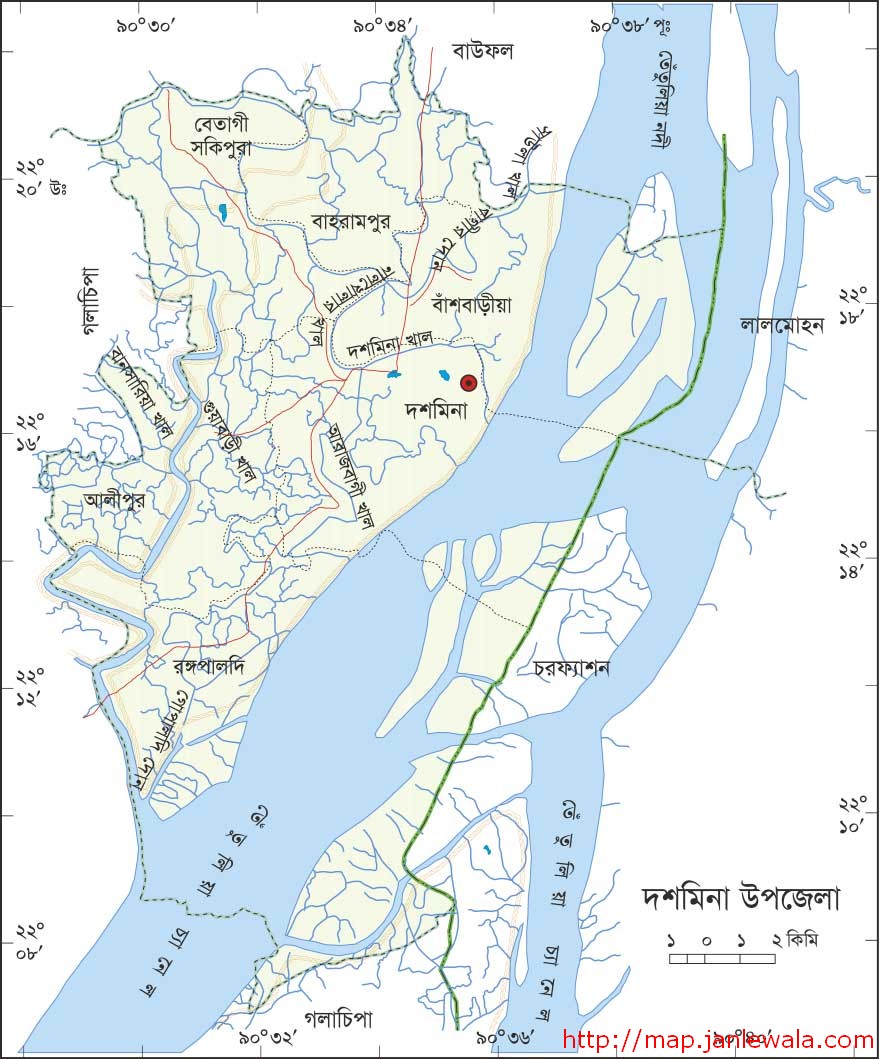 দশমিনা উপজেলা মানচিত্র, পটুয়াখালী জেলা, বাংলাদেশ