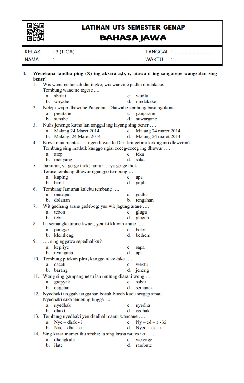 Contoh Soal Bahasa Jawa Dan Jawabannya Kelas 10 Semester 1