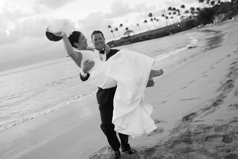  of our wedding couples on the beach and the names of the photographers 