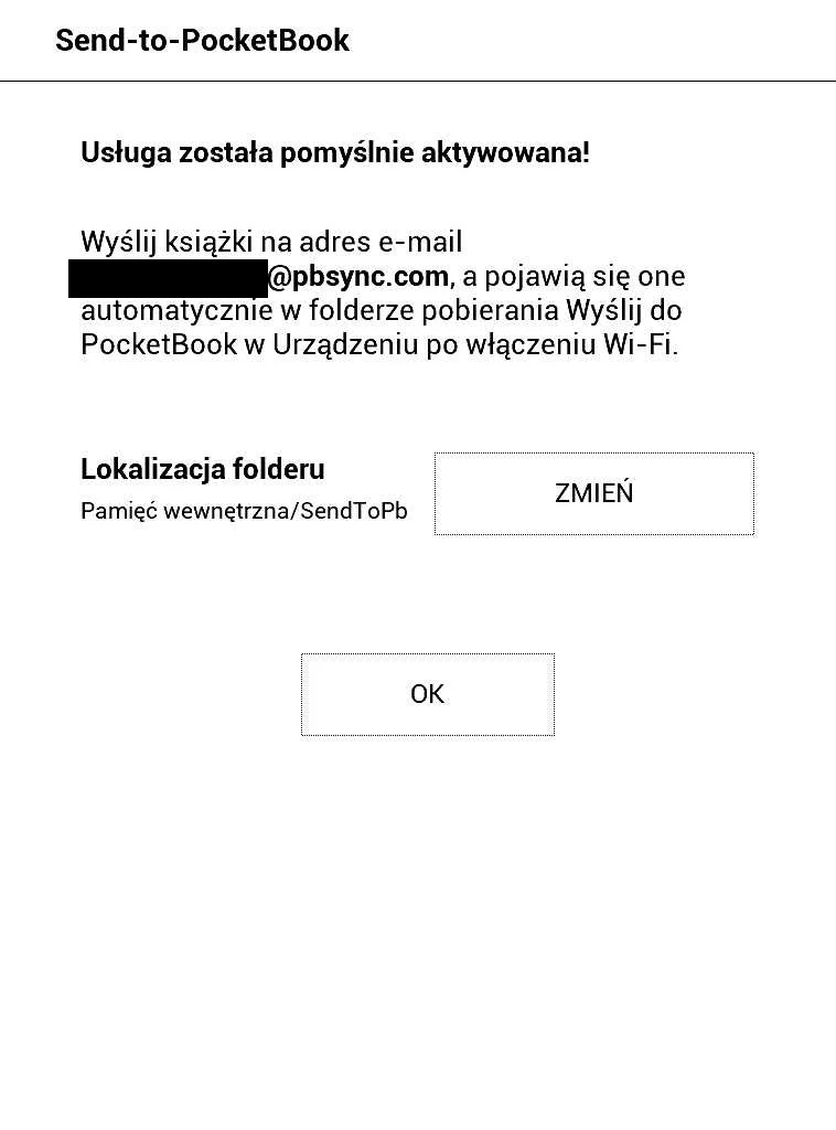 PocketBook Aqua 2 – komunikat o pomyślnym aktywowaniu usługi Send-To-PocketBook