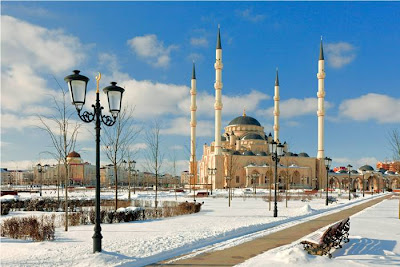 The Akhmad Kadyrov Mosque (Russian — Mechet Akhmata Kadyrova) is located in Grozny, the capital of Chechnya. It is one of the largest mosques in Russia and is officially known as the "The Heart of Chechnya" , Russian — Serdtse Chechni). The mosque is named after Akhmad Kadyrov who commissioned its construction from the mayor of Konya. The mosque design with a set of 62-metre (203 ft)-tall minarets is based on the Blue Mosque in Istanbul. On October 16, 2008, the mosque was officially opened in a ceremony in which Chechen leader Ramzan Kadyrov spoke and was with Russian Prime Minister Vladimir Putin. In this mosque, ten thousand Muslims can pray at a time and its minarets reach 62 metres (203 ft) high.