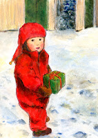 Kuvitettu postikortti pienestä tonttulapsesta maalaistalon pihassa / Illustrated postcard of Santas little helper in countryside.