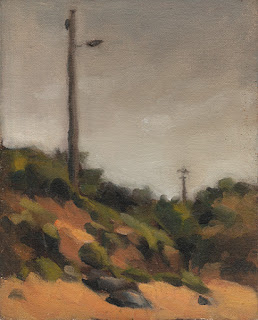 Landscape oil painting of electricity poles on sand dunes.