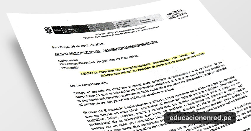 OFICIO MÚLTIPLE N° 006-2018/MINEDU/VMGP/DIGEBR/DEI - Información complementaria específica del Nivel de Educación Inicial en relación al personal de apoyo en las aulas - www.minedu.gob.pe