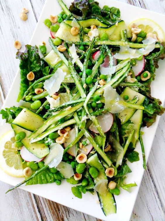 spring salad with asparagus, lemon, hazelnuts, and goat cheese