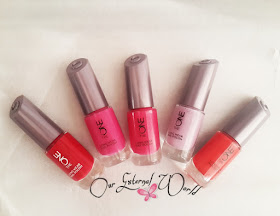 Oriflame The One Long Wear Nail Polish Swatches - London Red, Night Orchid, Fuchsia Allure, Red Sky at Night, and Lilac Silk