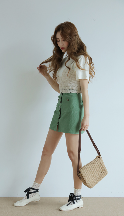 Button-Front Patch Pocket Mini Skirt