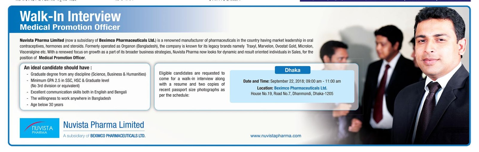 Nuvista Pharma Ltd. Medical Promotion Officer Job Circular 2018