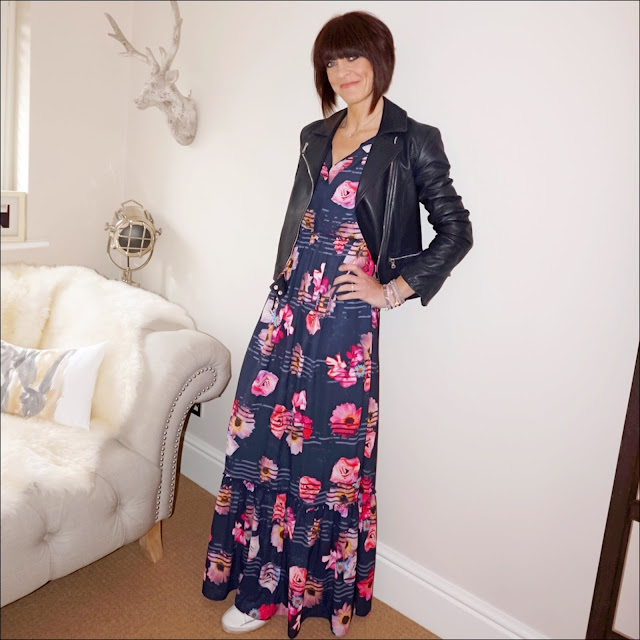 My Midlife fashion, massimo dutti navy leather biker jacket, debenhams studio by preen navy floral frilled maxi dress, golden goose superstar low top leather trainers