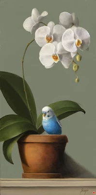 Orchid and Blue Parakeet painting Patt Baldino