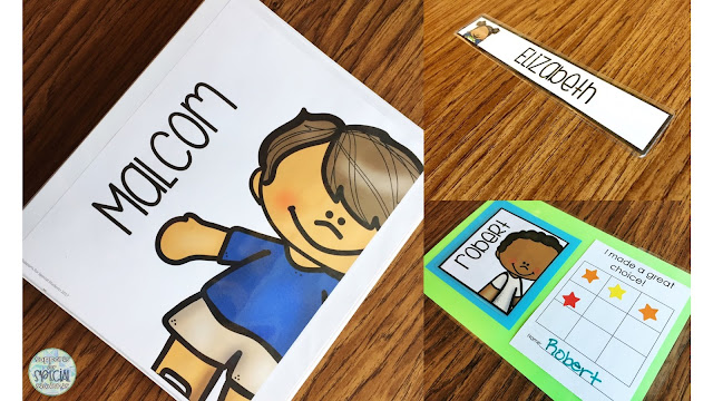 Personalized student labels on a binder and sticker chart