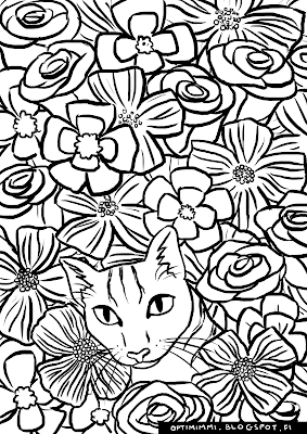 A coloring page of a cat amongst flowers / Värityskuva kissasta kukkien keskellä