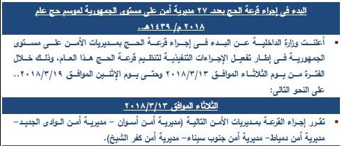 نتيجة قرعة حج وزارة الداخلية بمحافظة أسوان و كفر الشيخ ودمياط 2018 بالرقم القومى