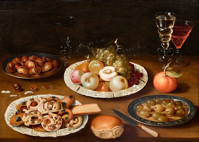 Осиас Бирт   -  Натюрморт с четырьмя блюдами и бокалами вина
