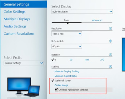 Chọn Scale Full Screen và Override Application Settings