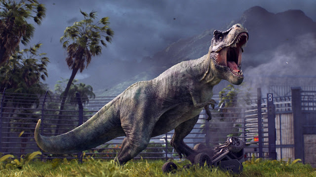 Jurassic World Evolution - T-rex roaring while crushing a Jeep