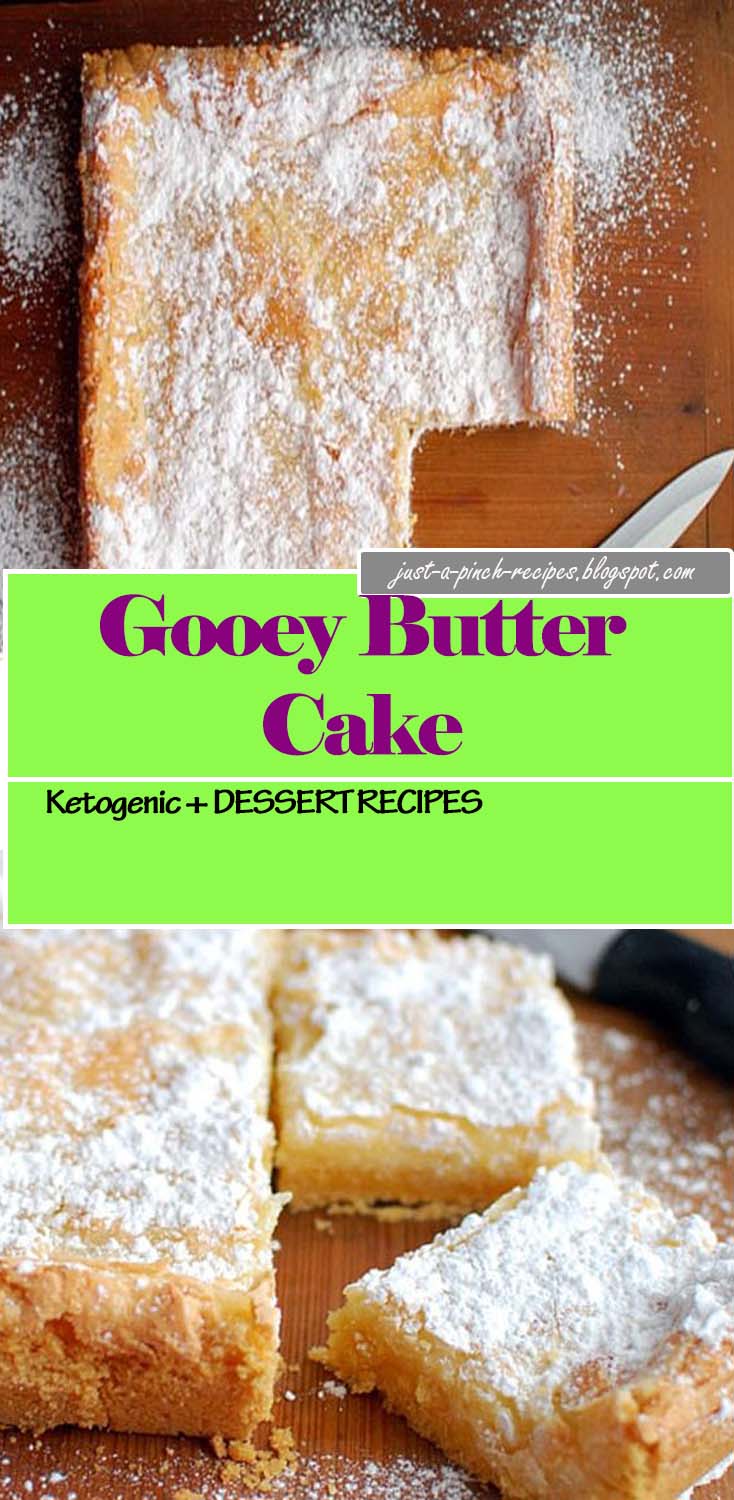 Gooey Butter Cake is a St. Louis tradition, where the cake becomes the crust and holds a gooey cream cheese filling. This coffee cake is generally served for breakfast but can easily make an appearance on any dessert table. Print the full recipe at TidyMom.net #gooeybuttercake #cake#dessert #coffeecake#keto #dessert #lowcarb