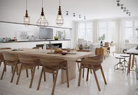 Magnificent Scandinavian dining room with long wooden table and pendant lights ideas