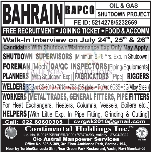 Oil & Gas shutdown Project Jobs for BAPCO Bahrain