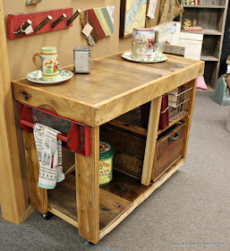 antique booth, kitchen island, reclaimed wood, barnwood, locker basket, rustic, industrial, crate,  http://bec4-beyondthepicketfence.blogspot.com/2016/02/reclaimed-wood-island.html