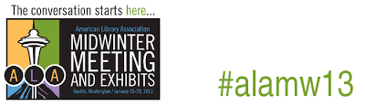 "The conversation starts here" logo for American Library Association Midwinter Meeting 2013 with #alamw13 hashtag