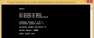 Program C++ konversi bilangan desimal ke heksadesimal, biner, dan oktal