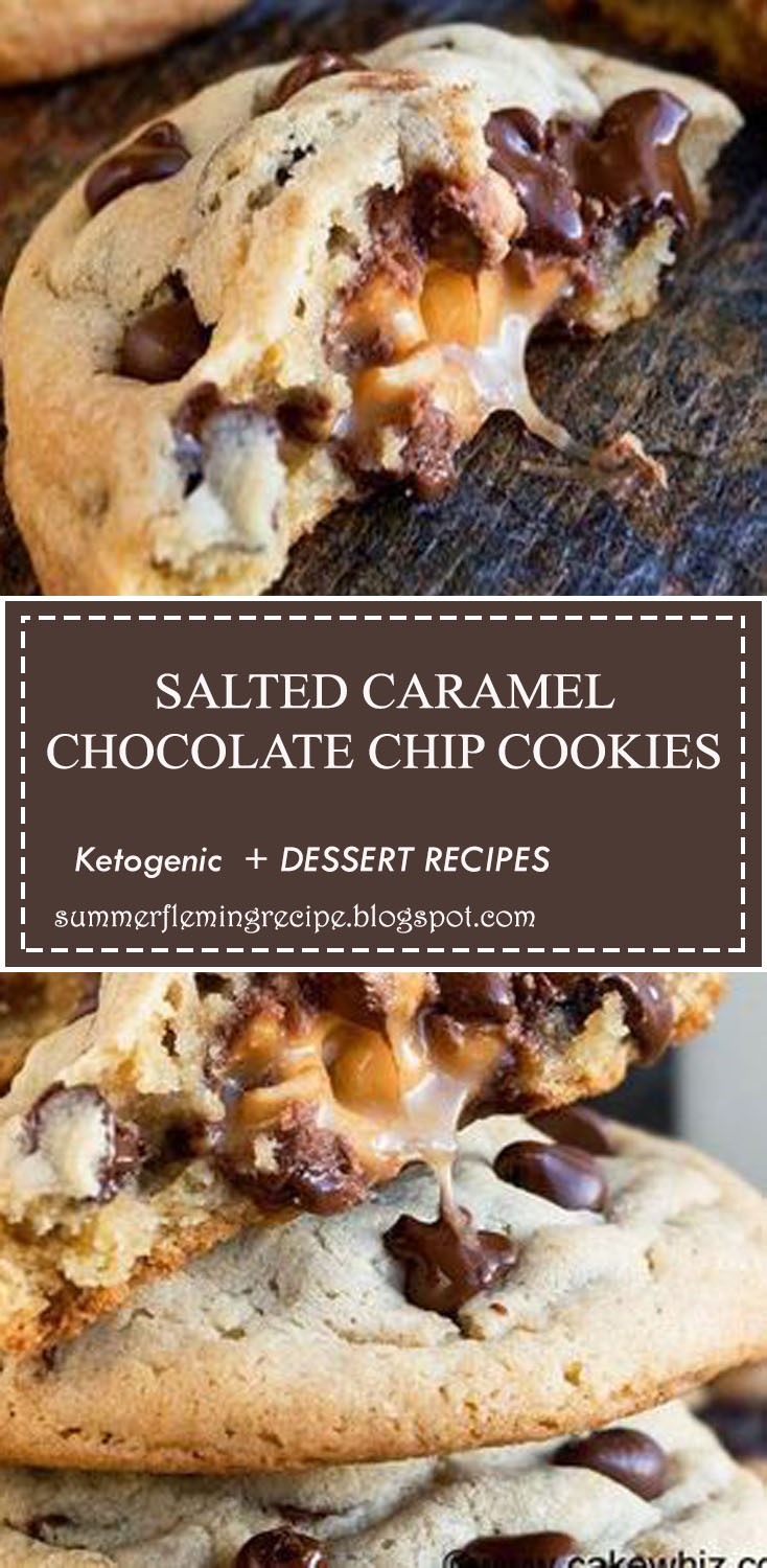 This soft and chewy salted caramel chocolate chip cookies recipe is easy to make and has an ooey gooey center. They are huge, like bakery style cookies!