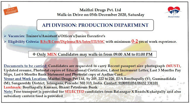 Maithri Drugs | Walk-in for Freshers and Experienced on 5th Dec 2020