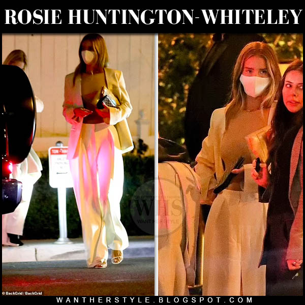 Rosie Huntington-Whiteley in white jacket and white wide-leg trousers