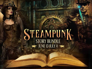 Image of vintage book with Victorian characters in background with text: Steampunk Story Bundle