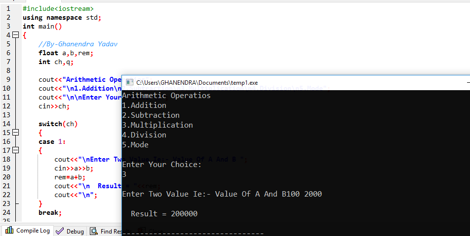 The Output of Arithmetic Operations Program in C++