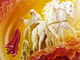Elijah is taken glorified, by a fiery chariot to heaven and cast his mantle to Elisha