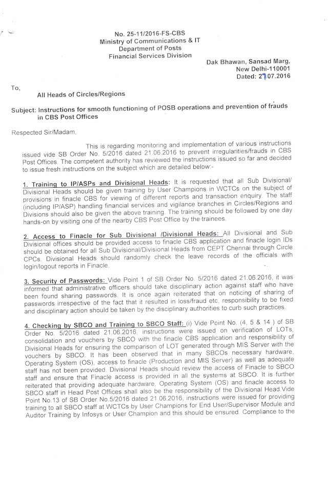 Instructions issued for smooth functioning of POSB operations and prevention of frauds in CBS Post Offices by Directorate