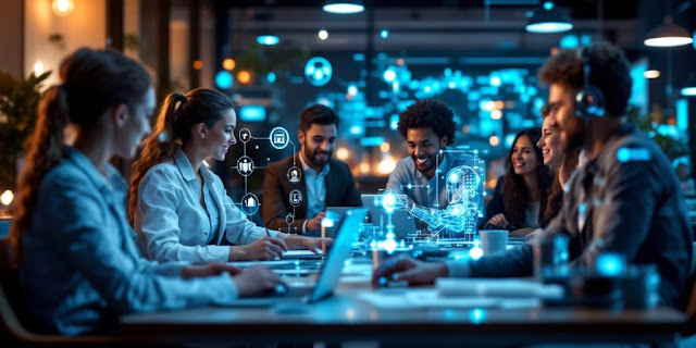 Diverse team collaborating with futuristic AI technology in office.