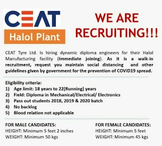 Ceat Tyre Ltd.  is Hiring Diploma Engineers for Their Halol, Gujarat