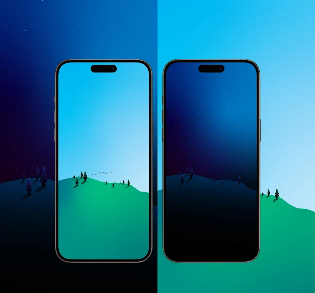 Minimalist smartphone wallpaper featuring a dual-tone landscape transitioning from day to night with a gradient sky and silhouetted trees.