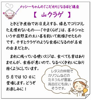 メッシーちゃんの「こだわり」なるほど講座
　　【 山クラゲ 】
ときどき煮物でお目見えする、緑色でコリコリした見慣れないもの――「やまくらげ」は、茎チシャという中国野菜の太い茎を割いて乾燥させたものです。干すとクラゲのような食感になるのが名前の由来だとか。
まれに残っている硬いスジは、食べても害はありませんが、食感が悪いので、なるべくきれいに取り除くようにしています。
5月では10日に
登場します。どうぞ
お楽しみに！
「山クラゲはレタスの仲間で
カリウムなどの
　ミネラルが豊富。
　高血圧にも良い
　　そうです。」
