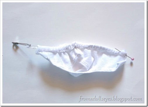 Making underwear for ball jointed dolls.  Use a safety pin to thread the elastic through the top hem or waistband.