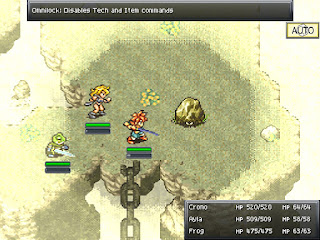 The party encounters a Rubble, a monster that lives on the Mountain of Woe in Chrono Trigger. Rubbles grant 100 TP when defeated.