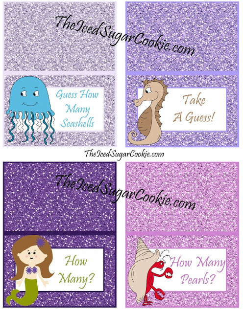 Guess How Many Seashells, Take A Guess, How Many How Many pearls, DIY Glitter Mermaid Food Label Tent Cards Birthday Party-Printable Template digital download Jellyfish seahorses mermaids crabs