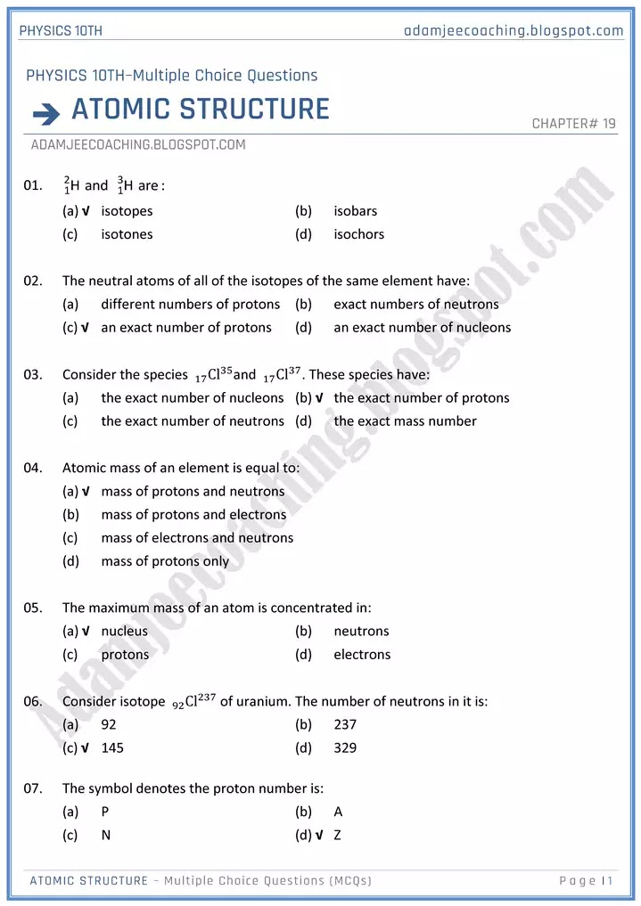 atomic-structure-mcqs-physics-10th