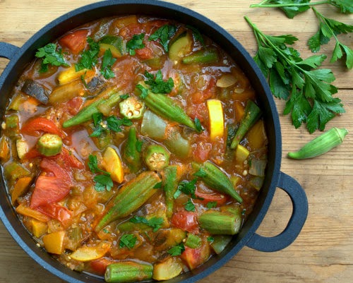 Armenian Vegetable Stew with late-summer and early-fall vegetables, eggplant, peppers, summer squash, tomatoes, okra.