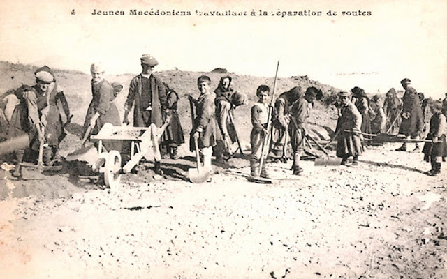 The local population in Macedonia works on the "French road" near village Skochivir, during the first world war. 