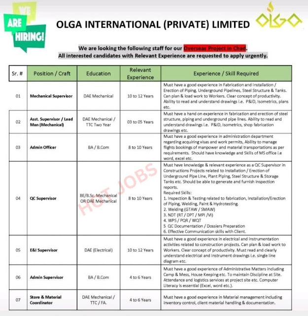 OLGA international is hiring for Oil & Gas Project in Chad, Africa.