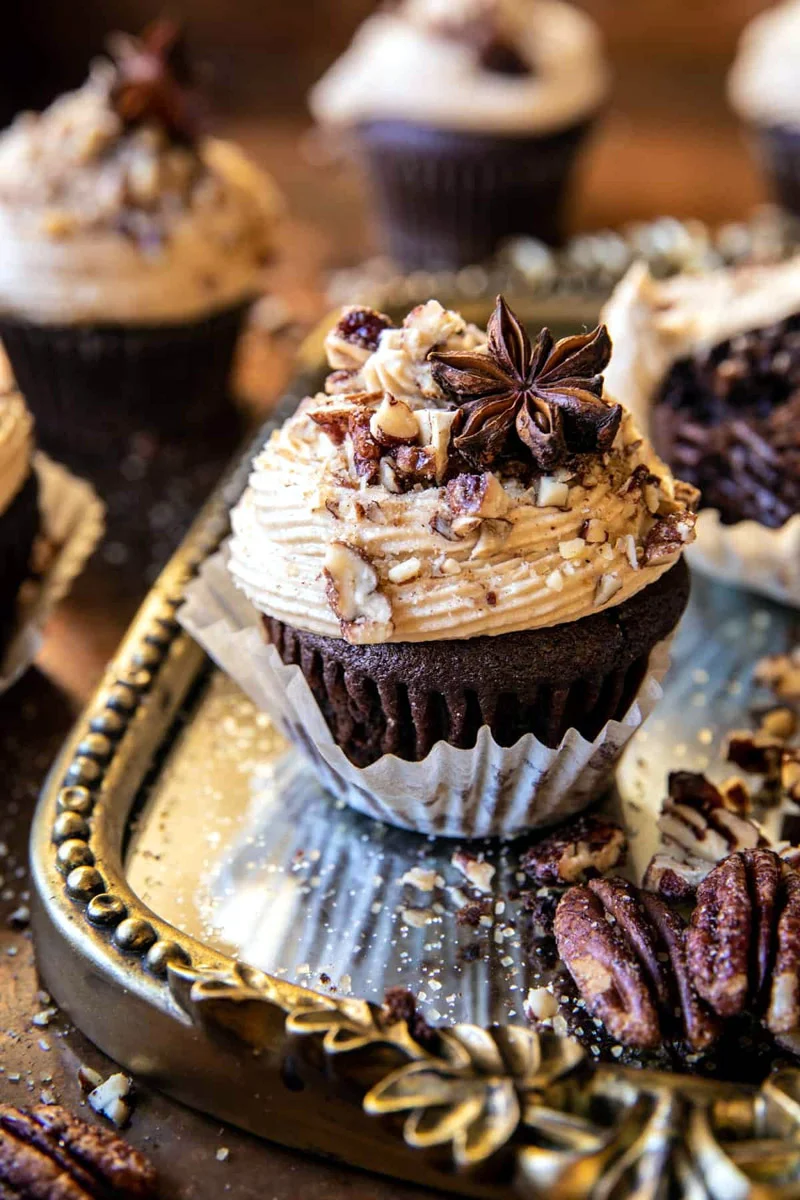 Chocolate Bourbon Chai Latte Cupcakes with Butter Pecan Frosting