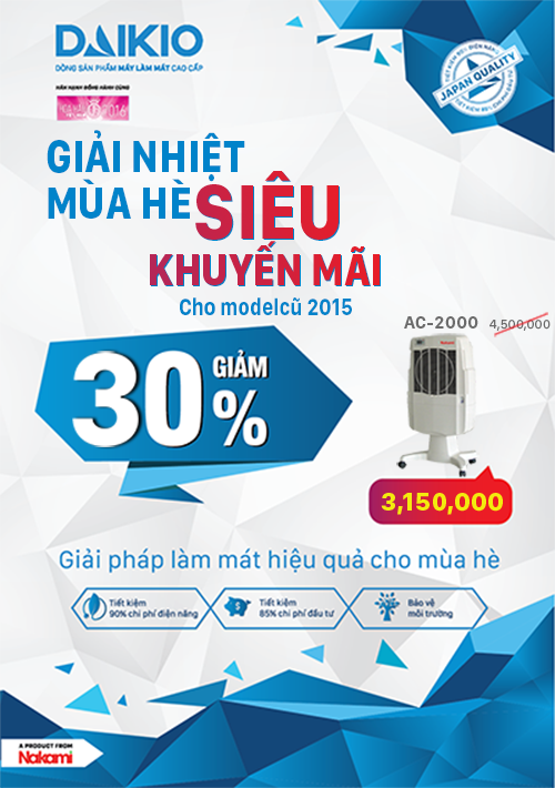 Khuyến mãi đến 30% cho KH tại TPHCM mua máy làm mát Daikio model 2015