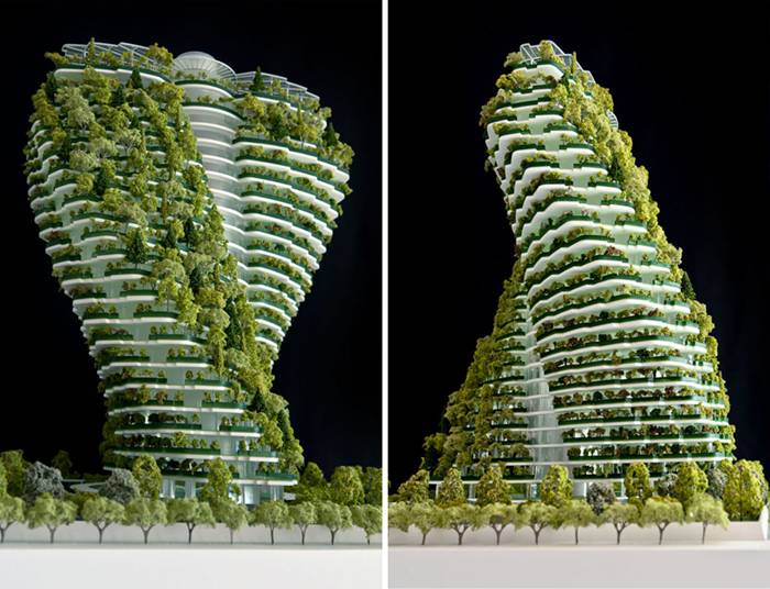 On the last and biggest parcel of land available for residential use in taipei city, vincent callebaut 's twisting, foliage-filled 'agora tower' will preside over the rest of the urban xinyin district. the architect, known for his distinct eco-vision, has designed a high-density space that aims at limiting the ecologic footprint of its inhabitants by forging a symbiotic relationship between the urban dweller and nature. tall planted balconies of suspended orchards, organic vegetable gardens and and medicinal greenery will take root in the high-performance building. in true cradle-to-cradle fashion, even the construction process transforms itself; industrial waste will be returned as a 'technical nutrient' to be indefinitely recycled. the helicoidal towers appropriate their form from the structure of DNA, conceptually speaking to the building blocks of life, as well as dynamism and twinning. four types of housing units form a full level allowing their twisting forms to optimize space for open-air hanging gardens. the angled apartments additionally offer exceptional views of the bustling city by multiplying the transversal views of the overall east-west rhomboidal pyramid. corbelled floors provide structure and privacy.