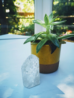 fire and ice quartz crystal next to a small house plant