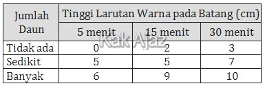 Tabel hubungan jumlah daun dengan tinggi laruta warna pada batang, tabel soal IPA SMP UN 2019