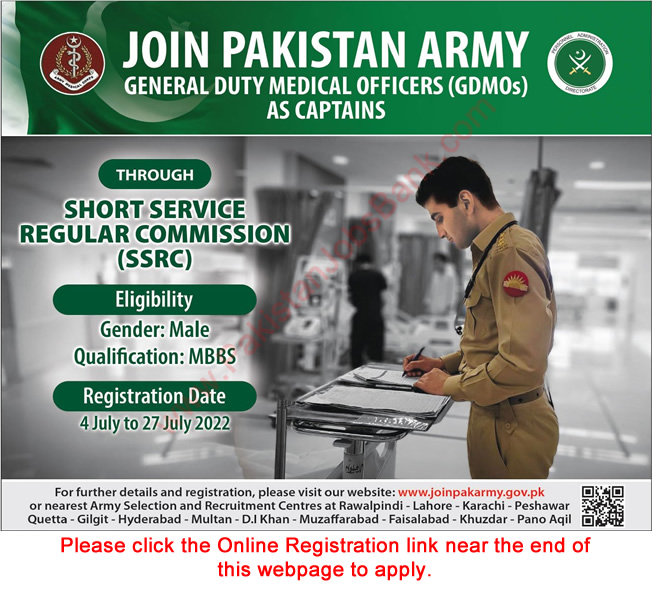 Join Pakistan Army as Captain / GDMO July 2022 through Short Service Regular Commission Online Registration Latest Jobs in pkjobstrack